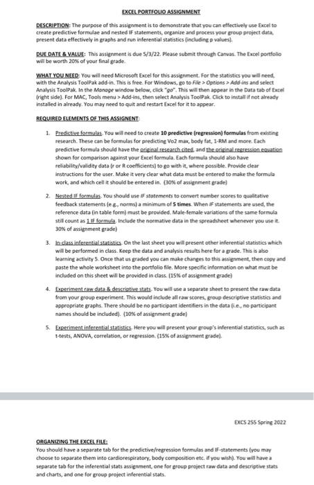 Excel Portfolio Assignment Description The Purpose Of This Assignment Is To Demonstrate That You Can Effectively Use Ex 1