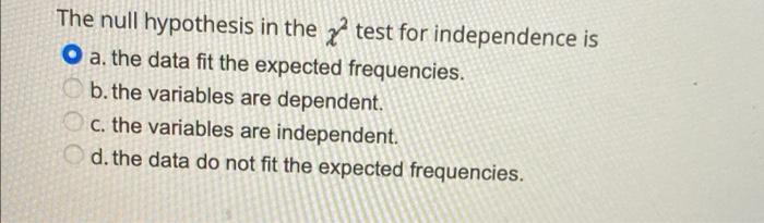 The Null O A The Data Fit The Expected Frequencies B The Variables Are Dependent C The Variables Are Independent D 1