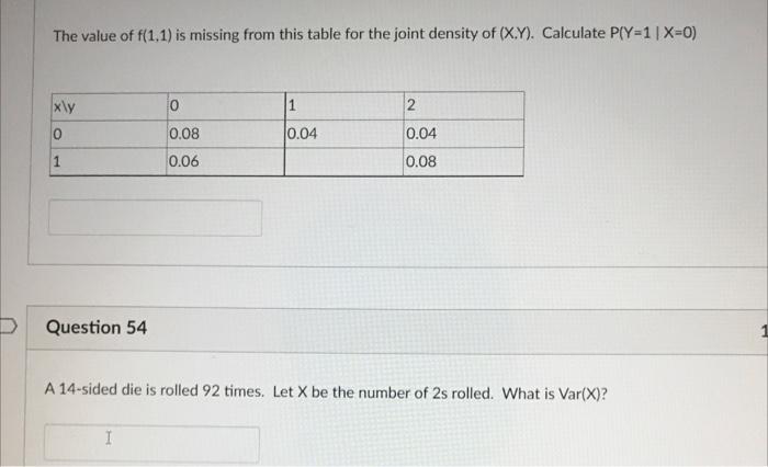 The Value Of F 1 1 Is Missing From This Table For The Joint Density Of X Y Calculate P Y 1 X 0 X Y 10 1 2 0 0 08 1