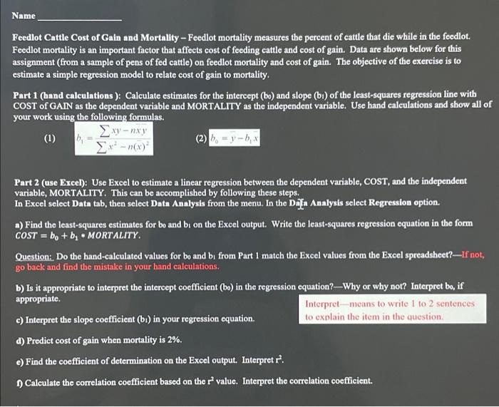 Name Feedlot Cattle Cost Of Gain And Mortality Feedlot Mortality Measures The Percent Of Cattle That Die While In The 1