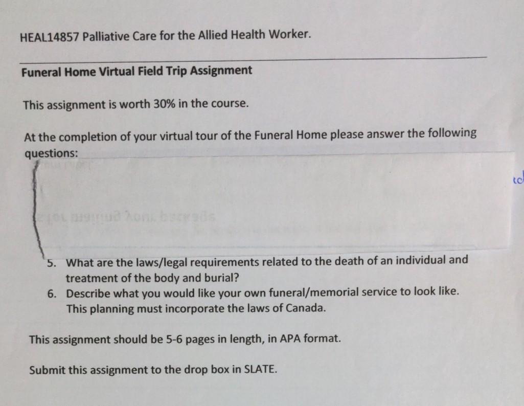 Heal14857 Palliative Care For The Allied Health Worker Funeral Home Virtual Field Trip Assignment This Assignment Is Wo 1