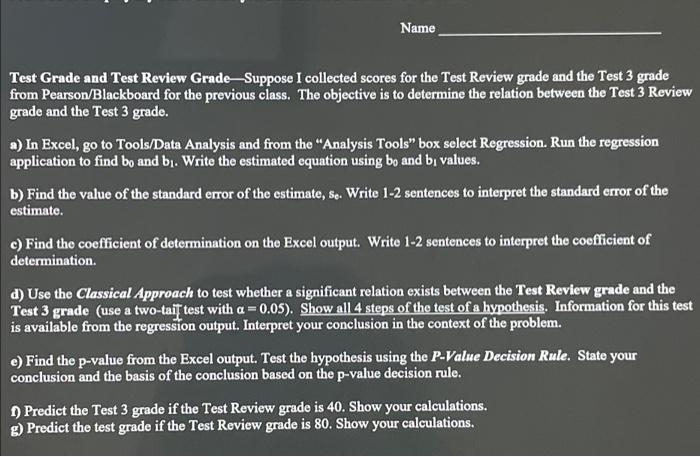 Name Test Grade And Test Review Grade Suppose I Collected Scores For The Test Review Grade And The Test 3 Grade From Pea 1