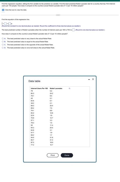 Find The Regression Equation Letting The First Variable Be The Predictor O Variable Find The Best Predicted Nobel Laur 1