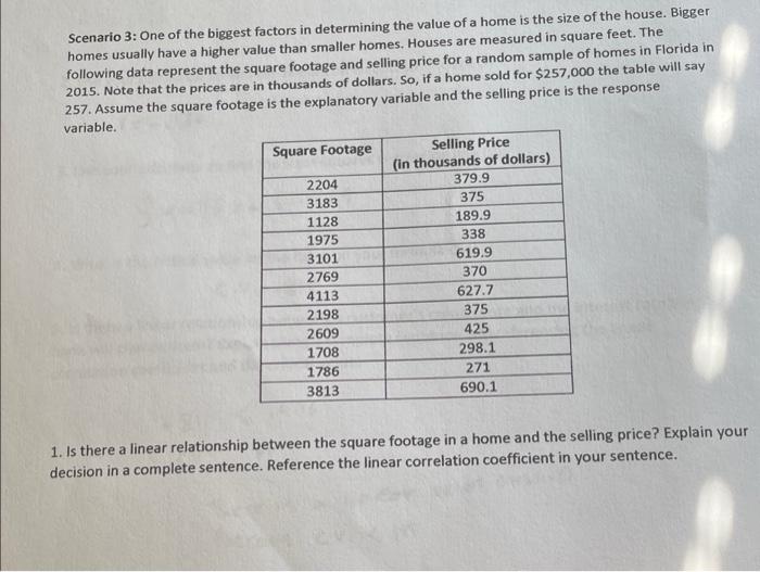 Scenario 3 One Of The Biggest Factors In Determining The Value Of A Home Is The Size Of The House Bigger Homes Usually 1