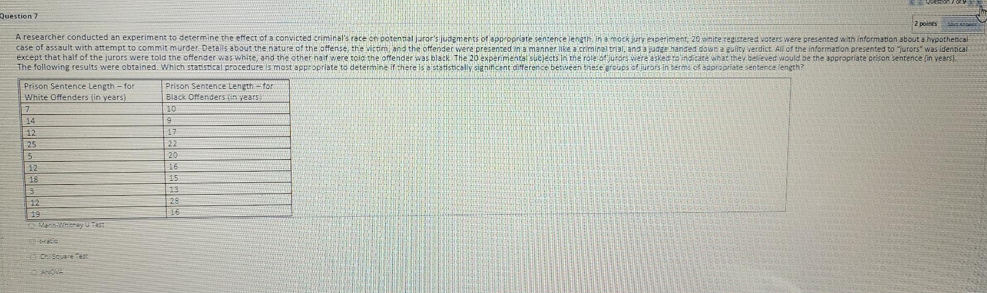 Question 7 2 Points Save Answer A Researcher Conducted An Experiment To Determine The Effect Of A Convicted Criminal S R 1
