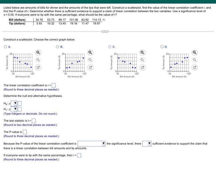 Listed Below Are Amounts Of Bills For Dinner And The Amounts Of The Tips That Were Left Construct A Scatterplot Find T 1