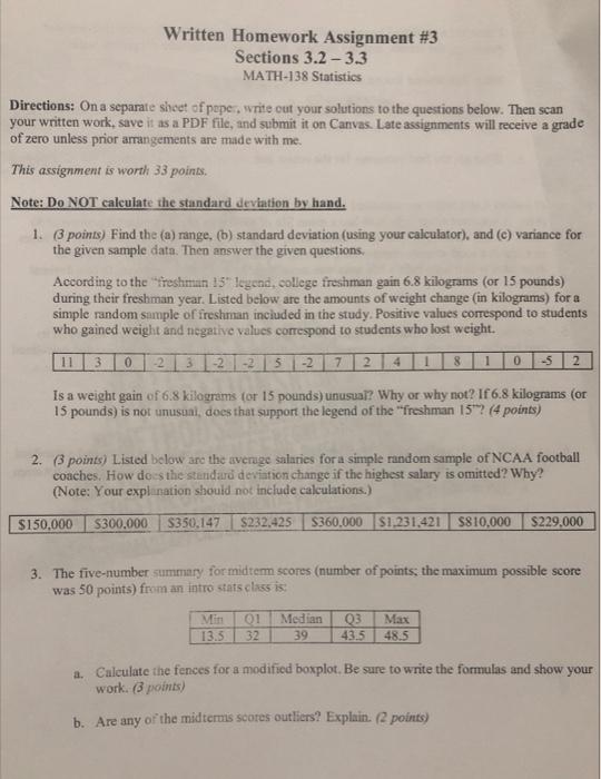 Written Homework Assignment 3 Sections 3 2 3 3 Math 138 Statistics Directions On A Separate Sheet Of Paper Write Out 1