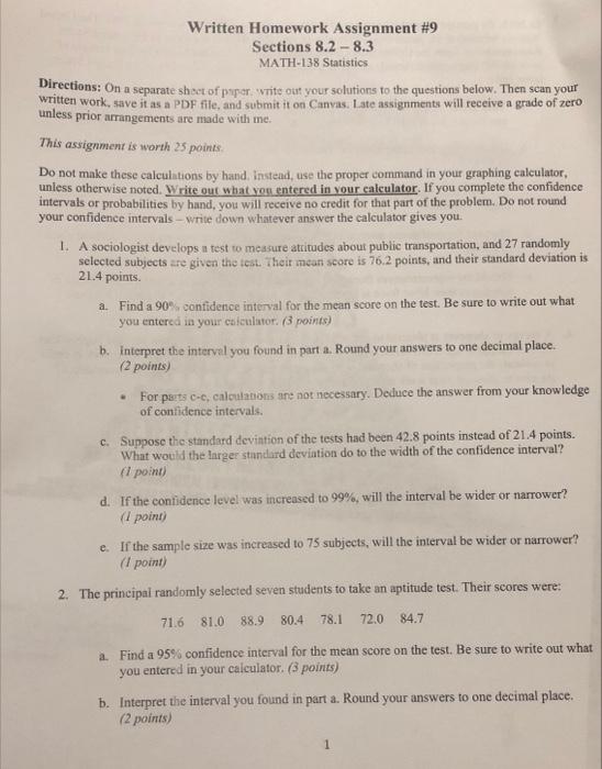 Written Homework Assignment 9 Sections 8 2 8 3 Math 138 Statistics Directions On A Separate Sheet Of Paper Write Out 1