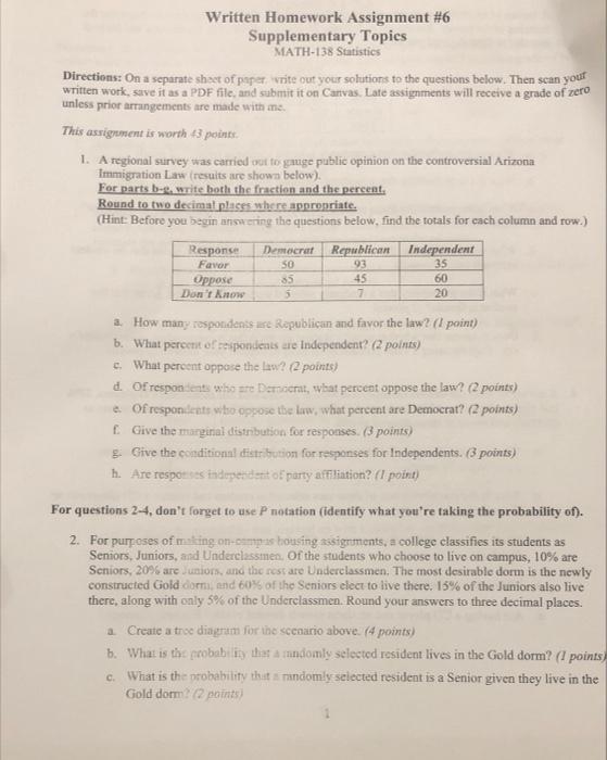 Written Homework Assignment 6 Supplementary Topics Math 138 Statistics Your Directions On A Separate Sheet Of Paper Wr 1