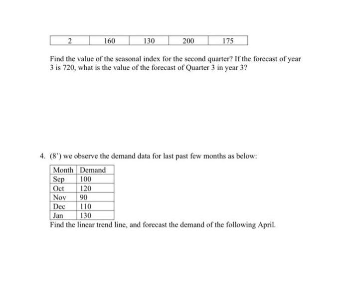 2 160 130 200 175 Find The Value Of The Seasonal Index For The Second Quarter If The Forecast Of Year 3 Is 720 What Is 1