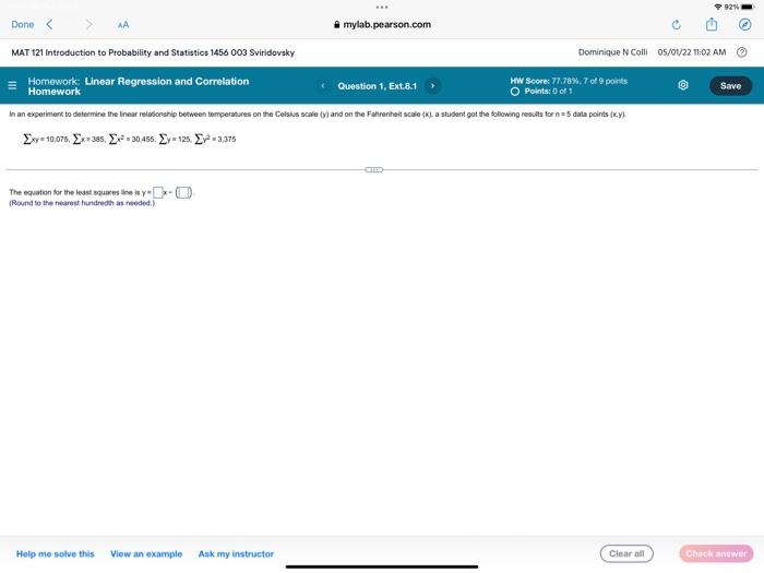 Done Aa Mylab Pearson Com Mat 121 Introduction To Probability And Statistics 1456 003 Sviridovsky Homework Linear Regr 1