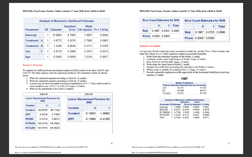 Bsta450 Final Exam Teacher Salim Lahmiri 17 June 2020 From 14h45 To 16h45 Analysis Of Maximum Likelihood Estimates 1