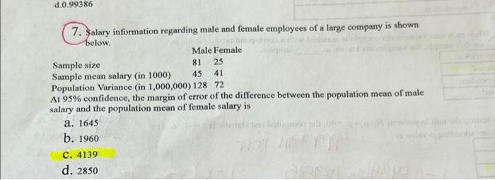 D 0 99386 7 Salary Information Regarding Male And Female Employees Of A Large Company Is Shown Below Male Female Sampl 1