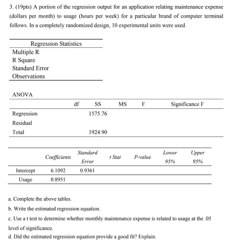 3 19pts A Portion Of The Regression Output For An Application Relating Maintenance Expense Dollars Per Month To Usa 1