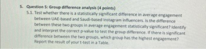 5 Question 5 Group Difference Analysis 4 Points 5 1 Test Whether There Is A Statistically Significant Difference In 1