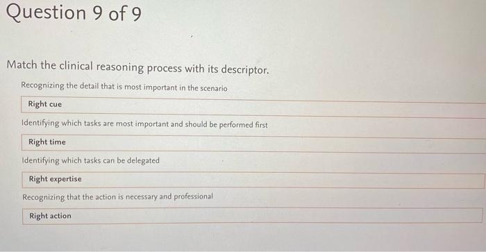 Question 9 Of 9 Match The Clinical Reasoning Process With Its Descriptor Recognizing The Detail That Is Most Important 1