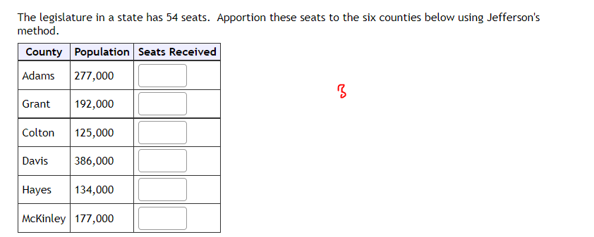 The Legislature In A State Has 54 Seats Apportion These Seats To The Six Counties Below Using Jefferson S Method Count 1