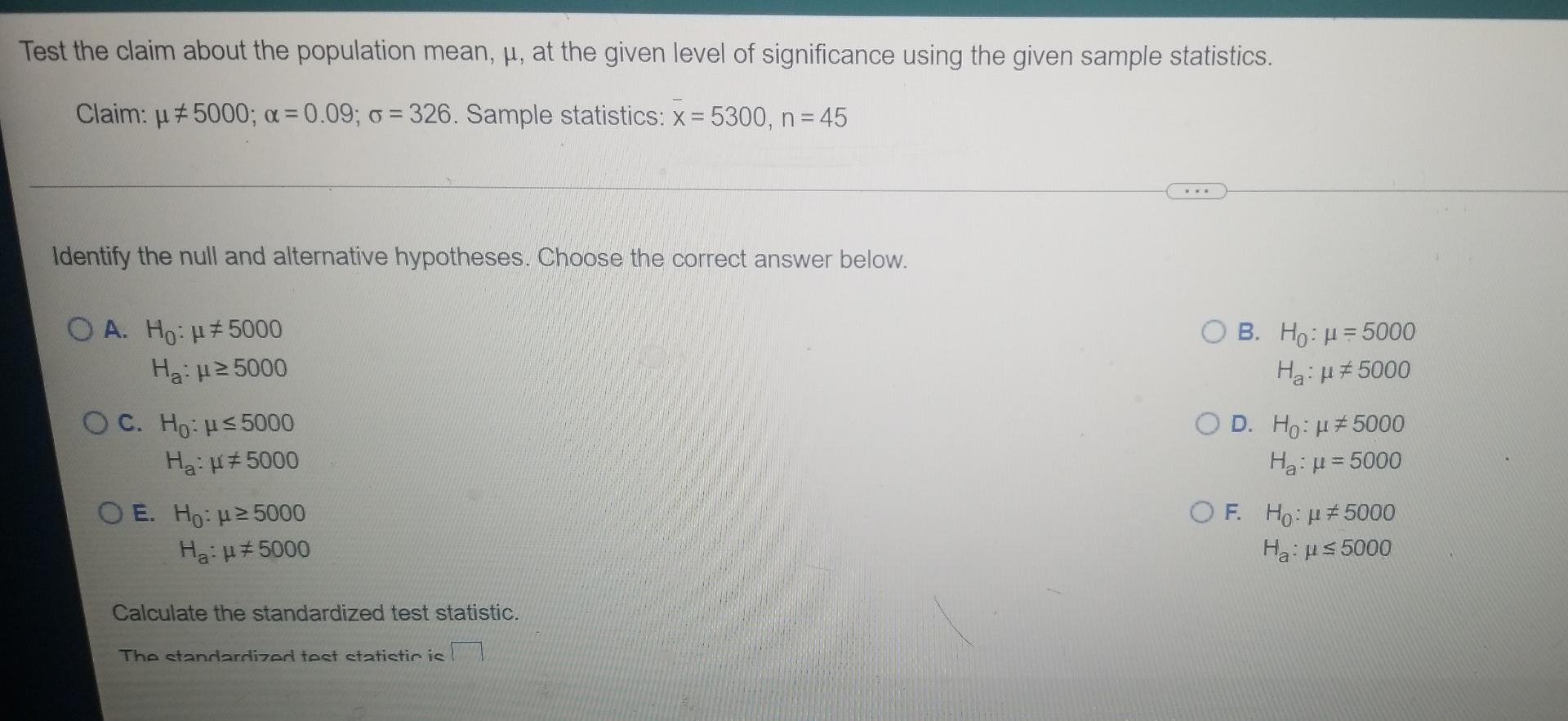 Test The Claim About The Population Mean U At The Given Level Of Significance Using The Given Sample Statistics Claim 1
