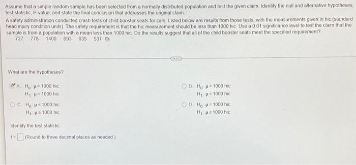 Assume That A Simple Random Sample Has Been Selected From A Normally Distributed Population And Test The Given Claim Ide 1