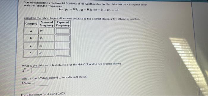 You Are Conducting A Multinomial Goodness Of Fit Hypothesis Test For The Claim That The 4 Categories Occur With The Foll 1
