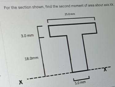 For The Section Shown Find The Second Moment Of Area About Axis Xx 25 0 Mm 3 0 Mm T 5 0 Mm X 18 0mm X 1