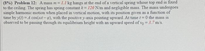 8 Problem 12 A Mass M 1 1 Kg Hangs At The End Of A Vertical Spring Whose Top End Is Fixed To The Ceiling The Spri 1
