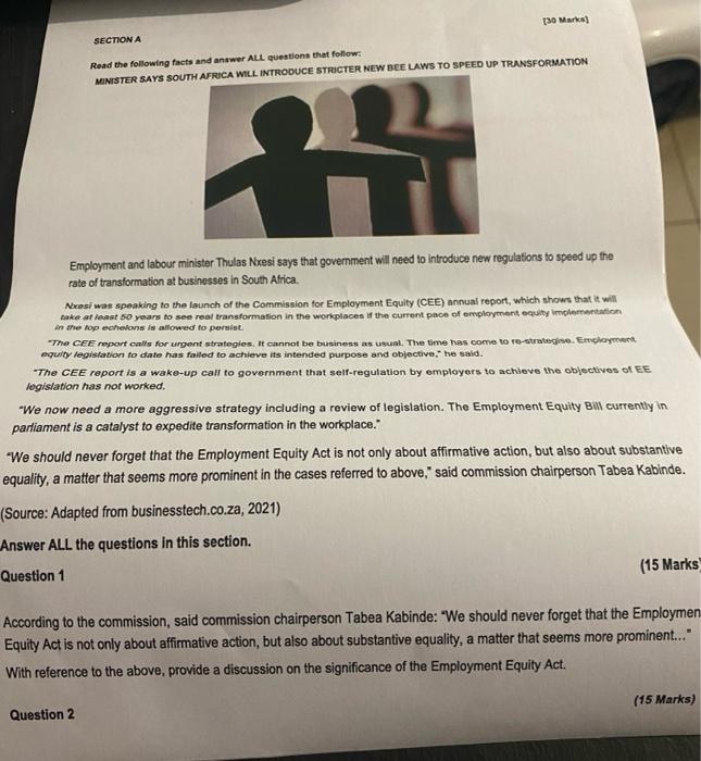 30 Marks Section A Read The Following Facts And Answer All Questions That Follow Minister Says South Africa Will Intr 1