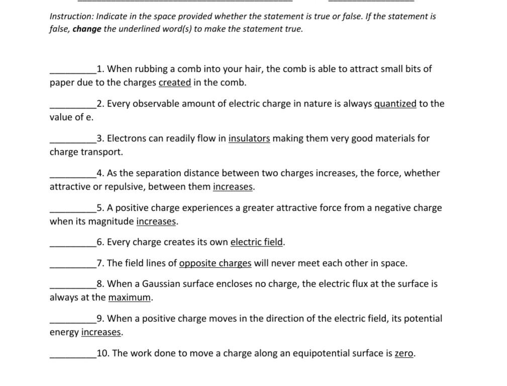 Instruction Indicate In The Space Provided Whether The Statement Is True Or False If The Statement Is False Change Th 1