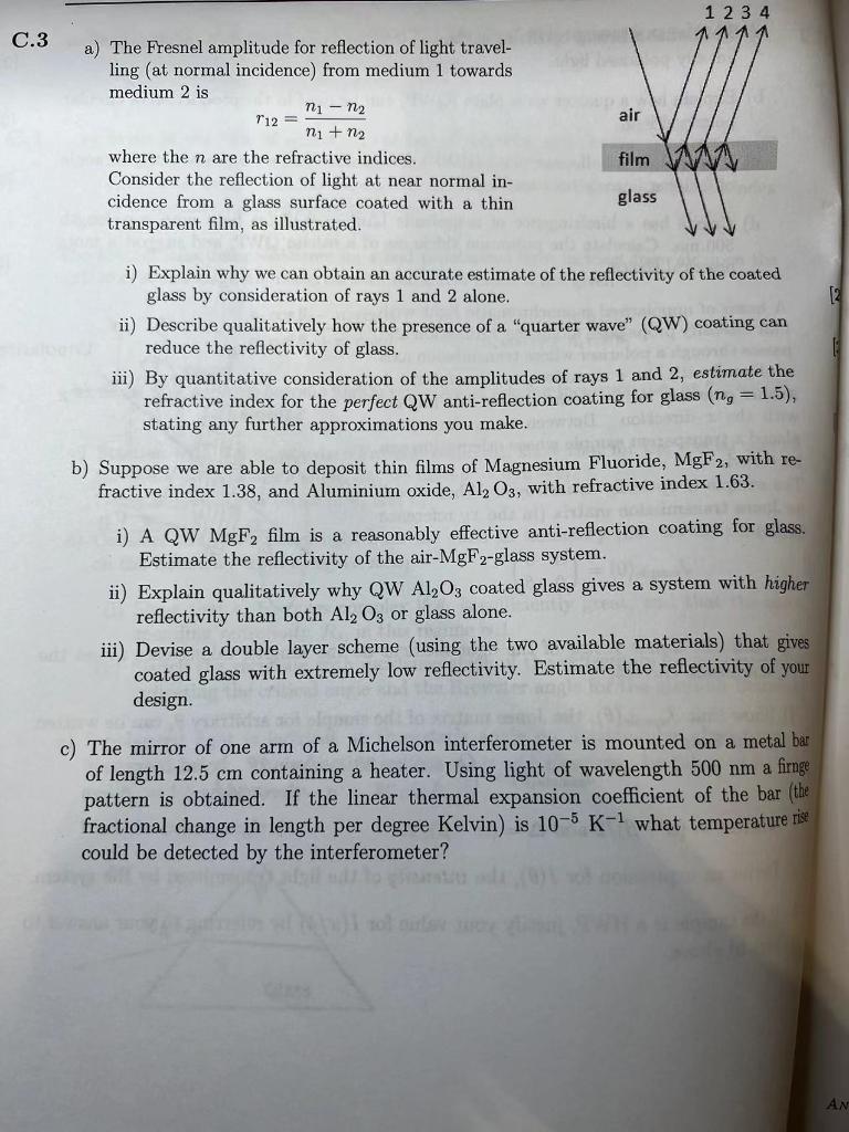 C 3 1 2 3 4 1 1 1 1 1 A The Fresnel Amplitude For Reflection Of Light Travel Ling At Normal Incidence From Medium 1 1