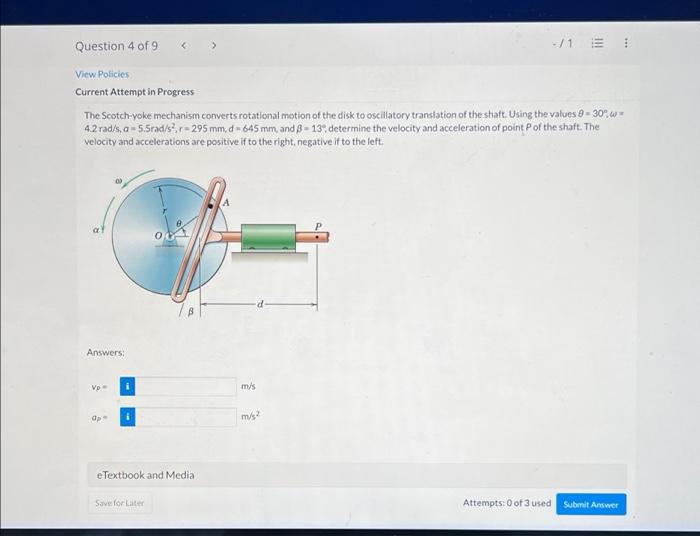 Question 4 Of 9 View Policies Current Attempt In Progress The Scotch Yoke Mechanism Converts Rotational Motion Of The Di 1