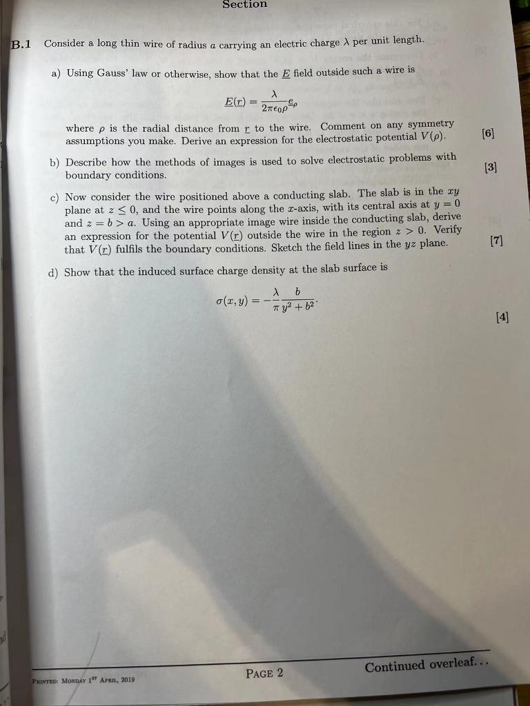 Section B 1 Consider A Long Thin Wire Of Radius A Carrying An Electric Charge A Per Unit Length A Using Gauss Law Or 1