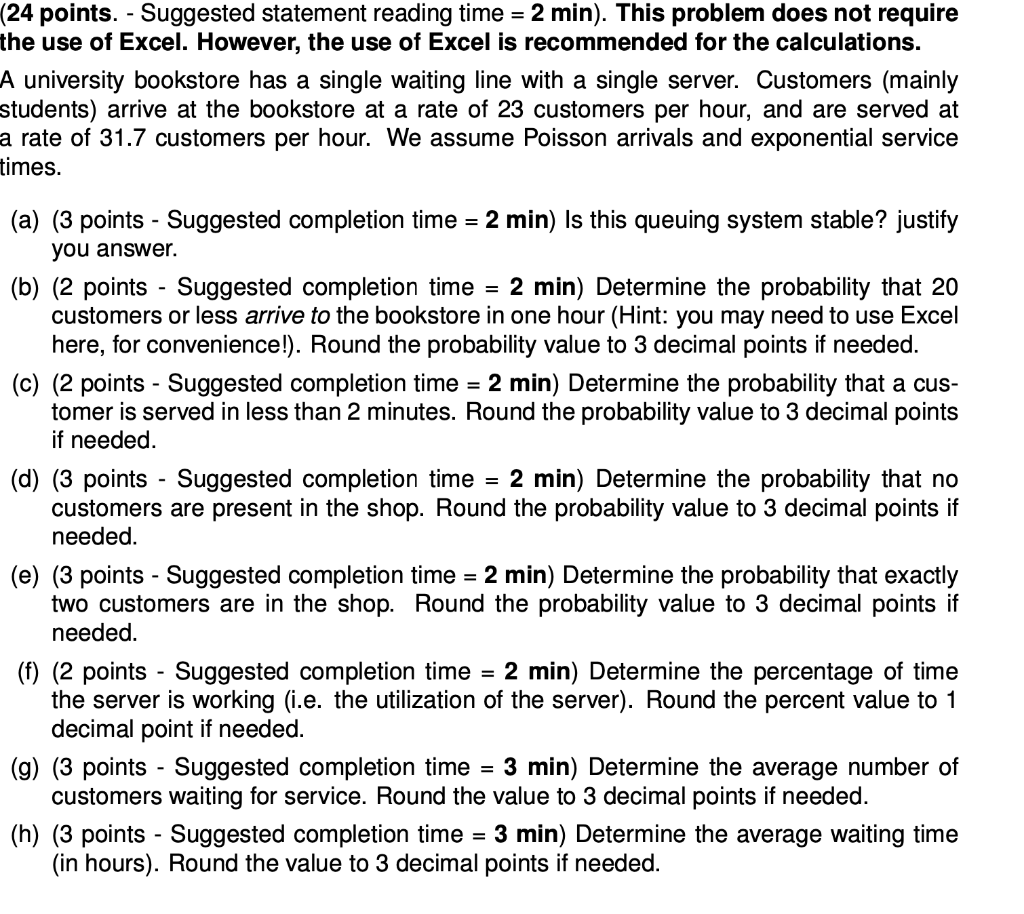 24 Points Suggested Statement Reading Time 2 Min This Problem Does Not Require The Use Of Excel However The Us 1