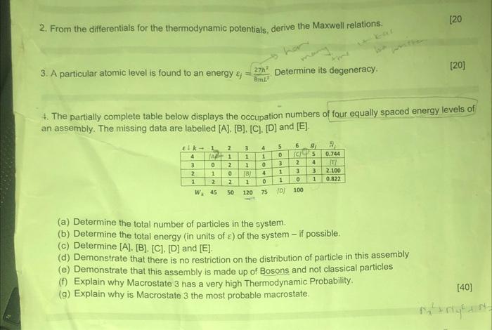 2 From The Differentials For The Thermodynamic Potentials Derive The Maxwell Relations 20 Han 3 A Particular Atomic 1