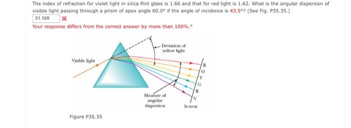 The Index Of Refraction For Violet Light In Silica Flint Glass Is 1 66 And That For Red Light Is 1 62 What Is The Angul 1
