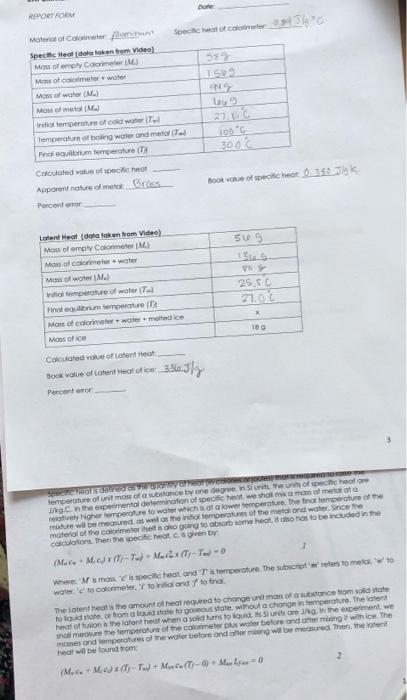 Report Form Date Material Of Calorimeter Aluminant Specific Heat Of Callimeter 0 9434 Specific Heat Dala Taken From Vi 1