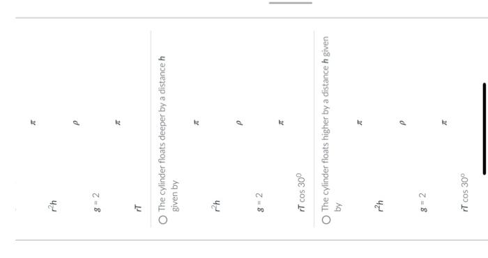 D Question 6 A Cylinder Of Radius R Floats Vertically In A Liquid Of Density The Surface Tension Of The Liquid Is T And 3
