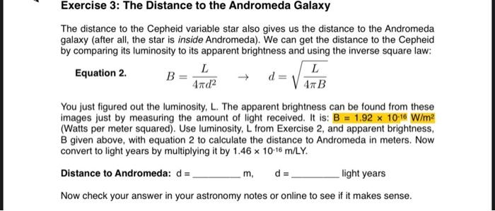Exercise 3 The Distance To The Andromeda Galaxy The Distance To The Cepheid Variable Star Also Gives Us The Distance To 1