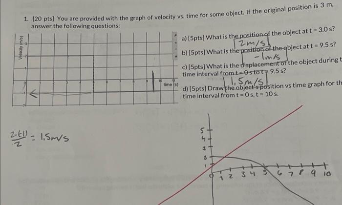 1 20 Pts You Are Provided With The Graph Of Velocity Vs Time For Some Object If The Original Position Is 3 M Answe 1