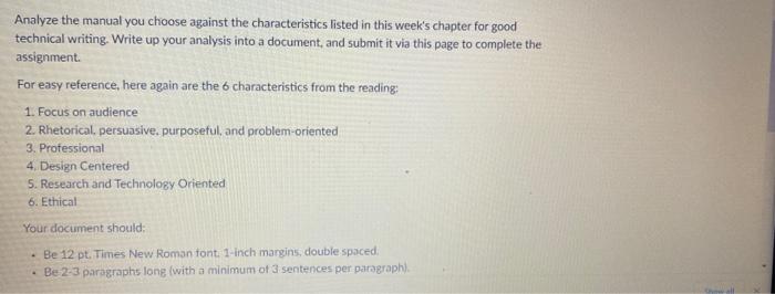 Analyze The Manual You Choose Against The Characteristics Listed In This Week S Chapter For Good Technical Writing Writ 1