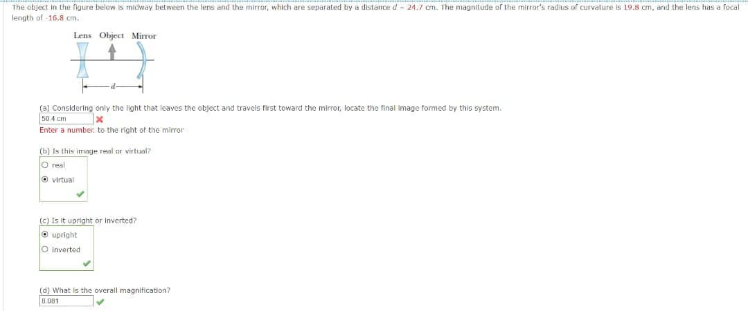 The Object In The Figure Below Is Midway Between The Lens And The Mirror Which Are Separated By A Distance D 24 7 Cm 1