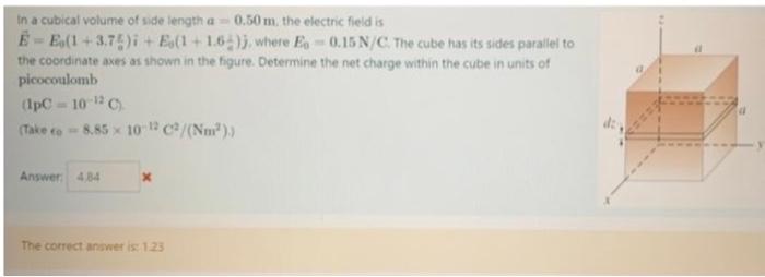 In A Cubical Volume Of Side Length A 0 50 M The Electric Field Is E E 1 3 75 I Es 1 1 64 J Where E The Coordinate 1