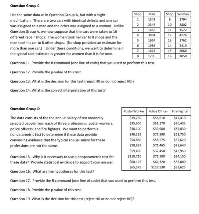 Question Group C Man Shop Woman 1342 1794 2345 2802 1418 1522 Use The Same Data As In Question Group A But With A Sligh 1