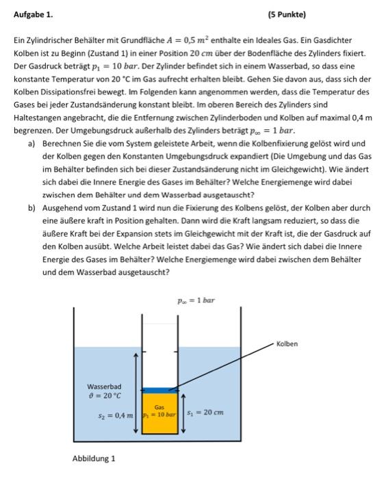 Aufgabe 1 5 Punkte Ein Zylindrischer Behalter Mit Grundflache A 0 5 M Enthalte Ein Ideales Gas Ein Gasdichter Kol 1