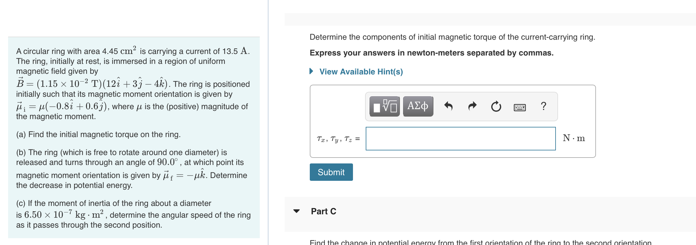 A Circular Ring With Area 4 45 Cm Is Carrying A Current Of 13 5 A The Ring Initially At Rest Is Immersed In A Region 1