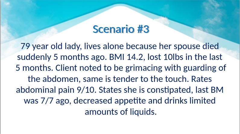 Scenario 3 79 Year Old Lady Lives Alone Because Her Spouse Died Suddenly 5 Months Ago Bmi 14 2 Lost 10lbs In The Las 1