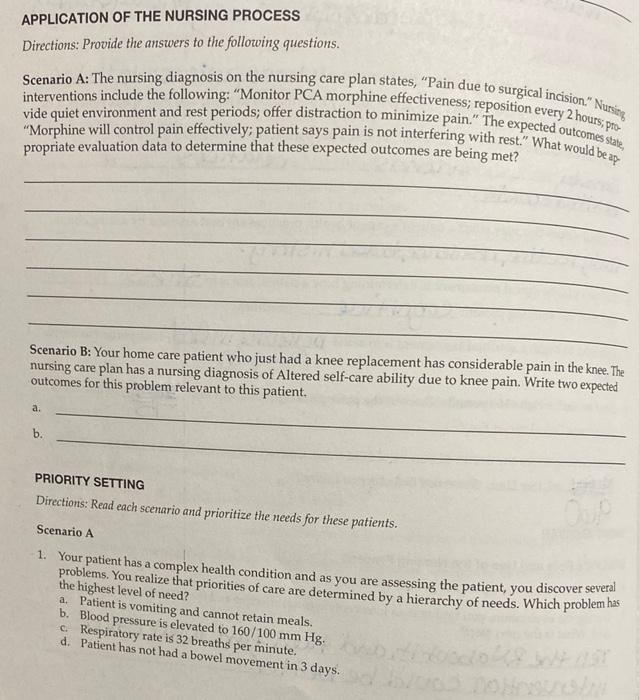 Application Of The Nursing Process Directions Provide The Answers To The Following Questions Scenario A The Nursing D 1