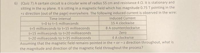 6 Quiz 7 A Certain Circuit Is A Circular Wire Of Radius 55 Cm And Resistance 4 Q It Is Stationary And Sitting In The 1