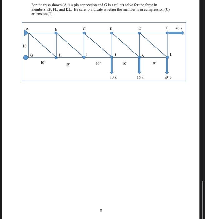 For The Truss Shown A Is A Pin Connection And G Is A Roller Solve For The Force In Members Ef Fl And Kl Be Sure To 1