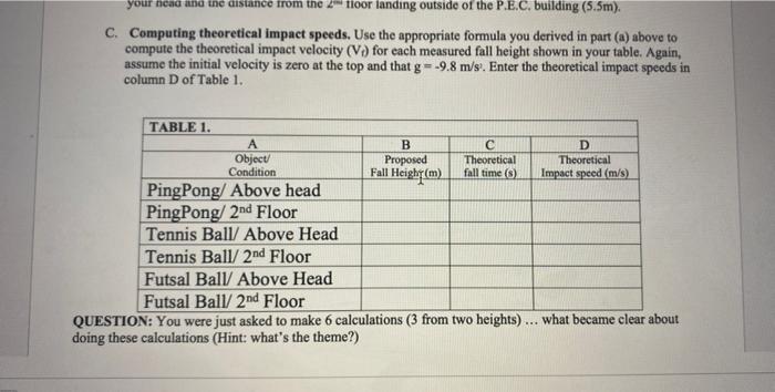 Part 1 Falling Objects A Deriving The Formula For Theoretical Fall Time And Speed Of Impact For Falls From A Given Hei 2