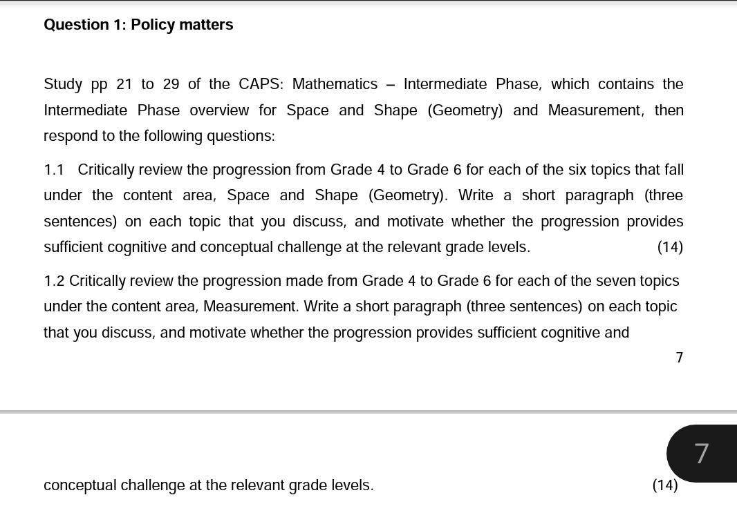 Question 1 Policy Matters Study Pp 21 To 29 Of The Caps Mathematics Intermediate Phase Which Contains The Intermediat 1
